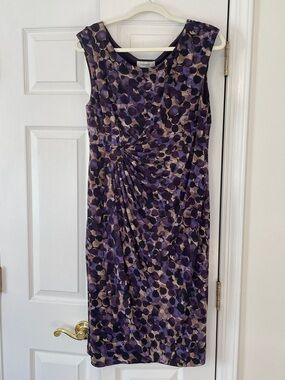 Dressbarn Faux Wrap/Ruched Stretchy Purple/Tan Dress, size 16